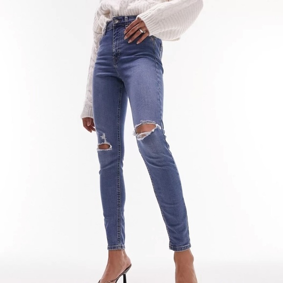 New Topshop Jamie jeans with rips in mid blue Petite size W26 L28 - Picture 1 of 13